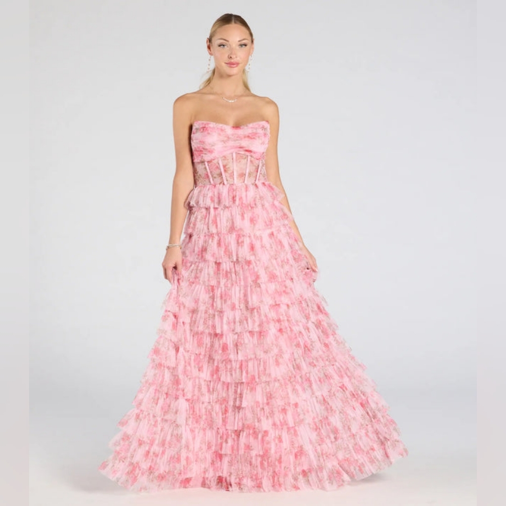 Kira Strapless Floral Tulle A-Line Formal Dress Pink